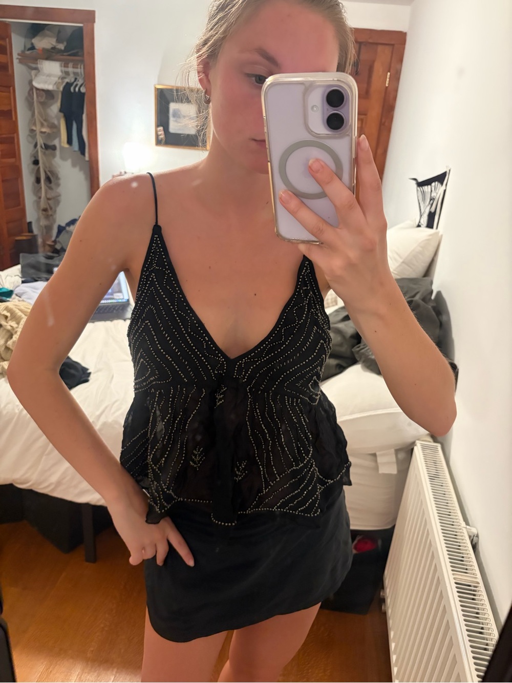 Black Beaded V-Neck Spaghetti Strap Top